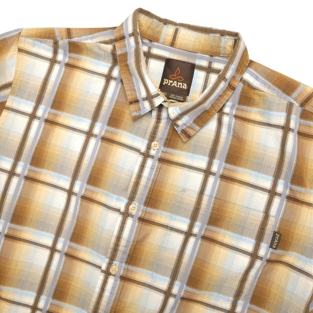 PrAna Shirt Mens Large Brown Plaid Short Sleeve Breathe Button Up Hiking Outdoor